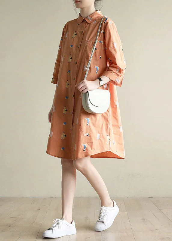 Women's Office Clothing Plus Size Orange Peter Pan Collar Embroideried Cotton Shirt Dresses Bracelet Sleeve