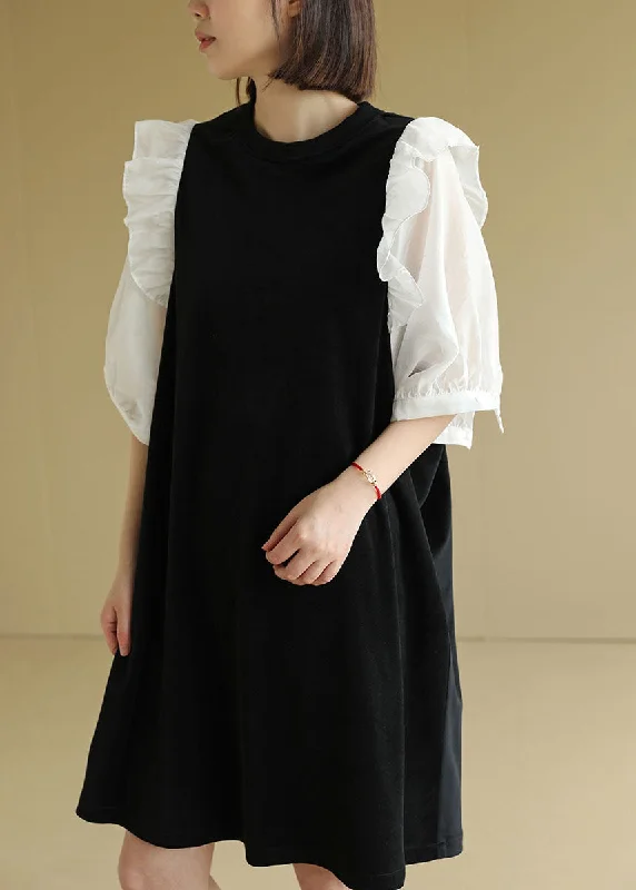 Women's Casual Wear Clothing Women Black O-Neck Patchwork Ruffles Velour A Line Dress Half Sleeve