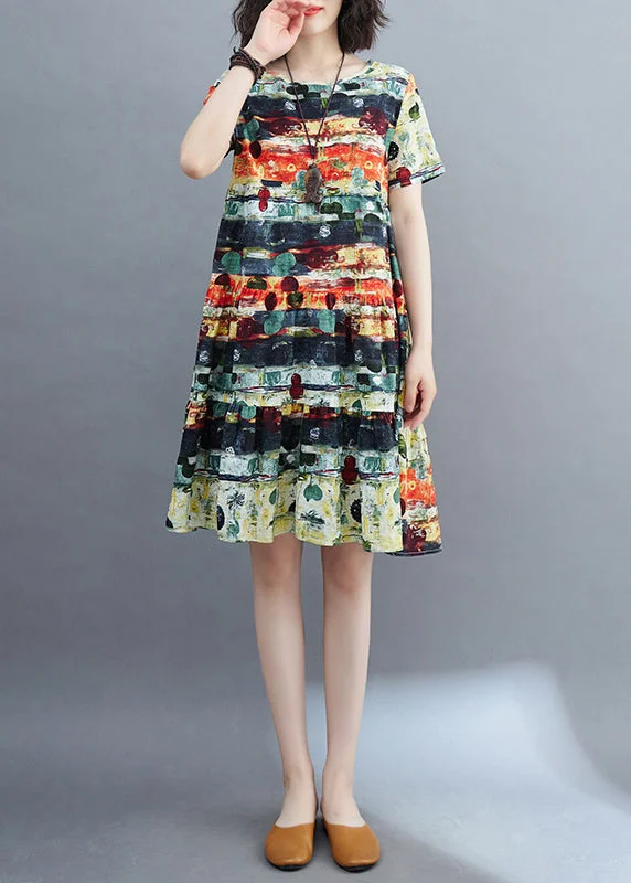 Comfort First Women's Wear Fine Green O-Neck Print Ruffled Patchwork Mid Dress Summer