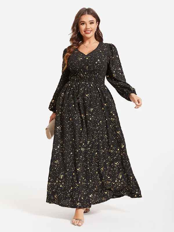 Women's Party Clothes Star Pattern Lantern Sleeve Sequin Maxi Dress