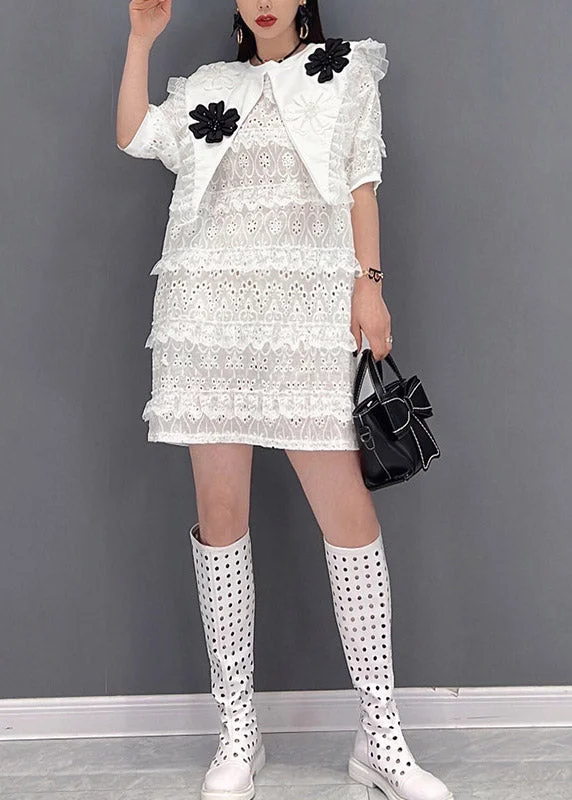 Women's Cozy Clothes Style White O-Neck Tulle Patchwork Lace Layered Dresses Short Sleeve