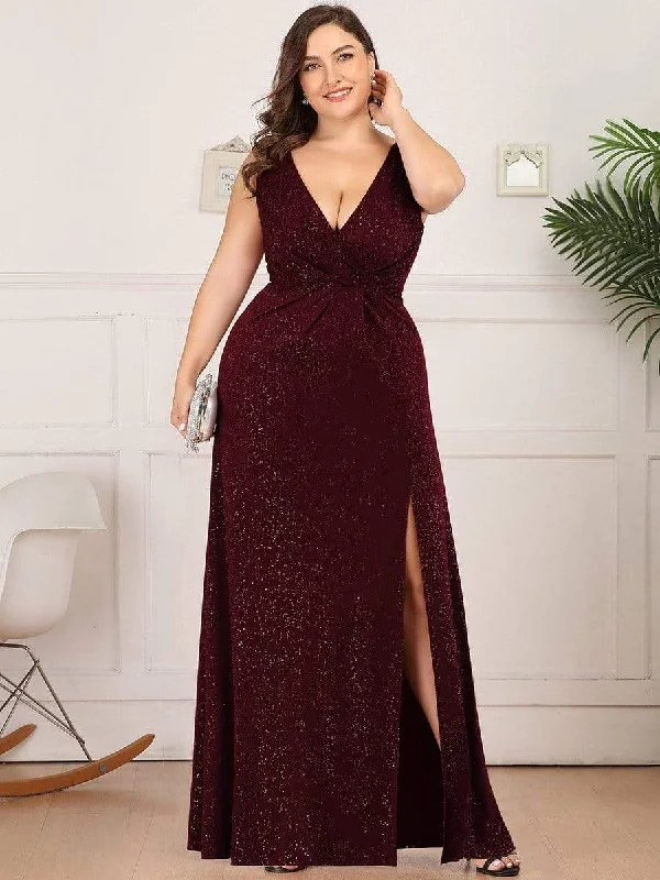 Women's Athletic Clothes Shiny V Neck Floor Length Plus Size Evening Dresses with Side Split