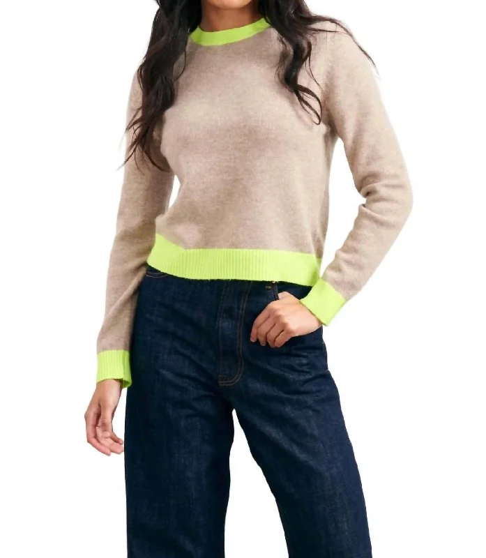 Women's Everyday Clothes Contrast Crew Sweater In Brown/neon Yellow