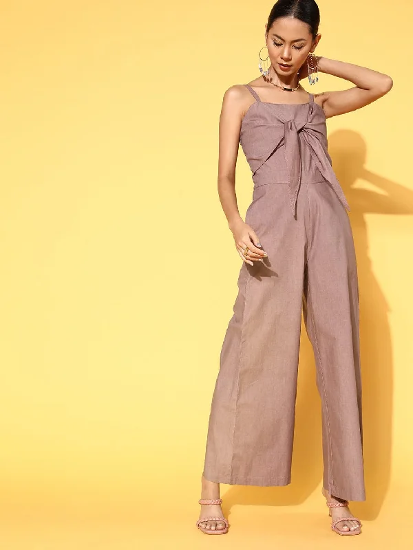 Vintage-Inspired Women's Clothes Women Brown Front Tie Up Tencel Jumpsuit