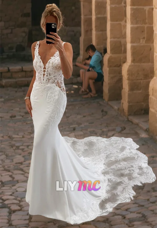 Women's Urban Clothing V-Neck Sleeveless Appliques Mermaid Wedding Dress