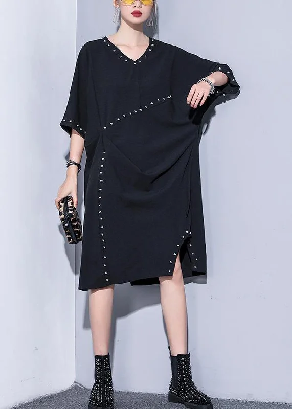 Vintage-Inspired Women's Clothes Women black v neck Cotton quilting clothes Rivet summer Dresses