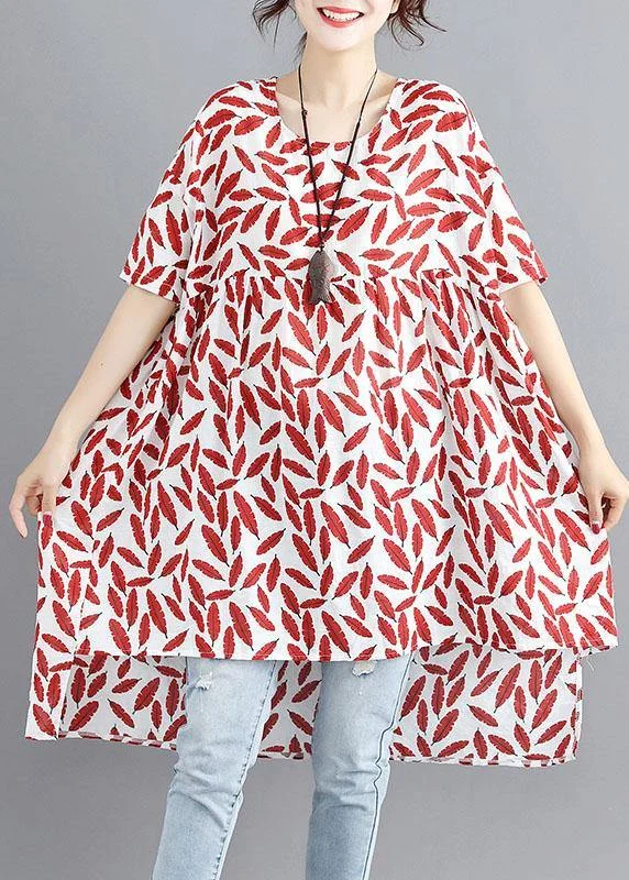 Casual Chic Women's Clothes Women red print linen cotton o neck asymmetric summer Dress