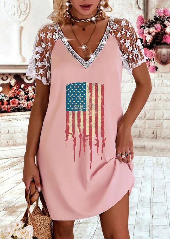 Stylish Clothes For Women Plus Size Pink V Neck Lace Patchwork Hollow Out Cotton Holiday Dress Short Sleeve