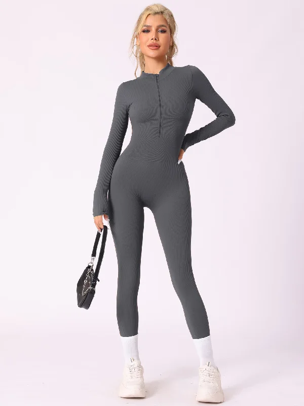Big Discounts Ribbed One Piece Workout Fitness Front Zipper Unitard Jumpsuit