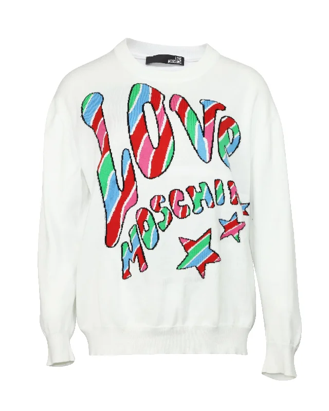 Trendy Athleisure Clothing For Women Love Moschino Logo-Print Sweatshirt in White Print Cotton