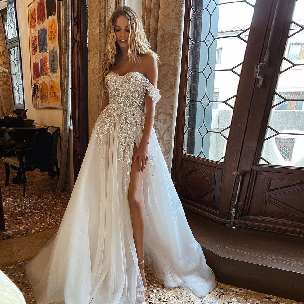 Women's Urban Clothing Sevintage Boho Wedding Dresses Crystal Beading Off the Shoulder Lace Appliques A-Line Wedding Gown Sweetheart Bridal Gown