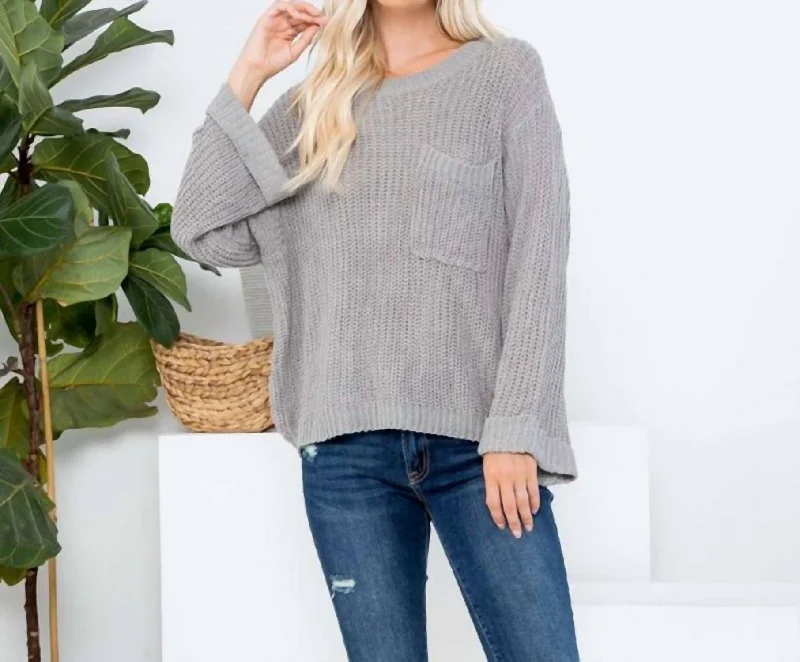 Women's Clothing For Everyday Wear Breezy Days Sweater With Pocket And Cuffed Bell Sleeves In Grey