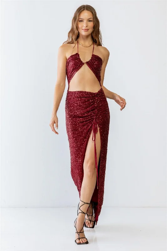 Women's Clothing For Work Sequin Halter Neck Sleeveless Cut-Out Ruched Detail Maxi Dress