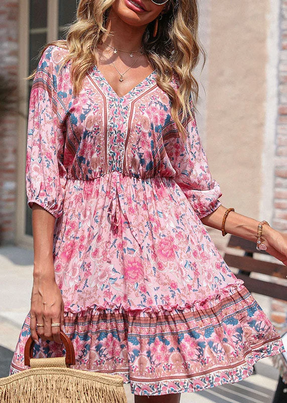 Women's Vintage-Inspired Clothing Cute Pink V Neck Ruffled Patchwork Print Cotton Cinch Mid Dresses Half Sleeve