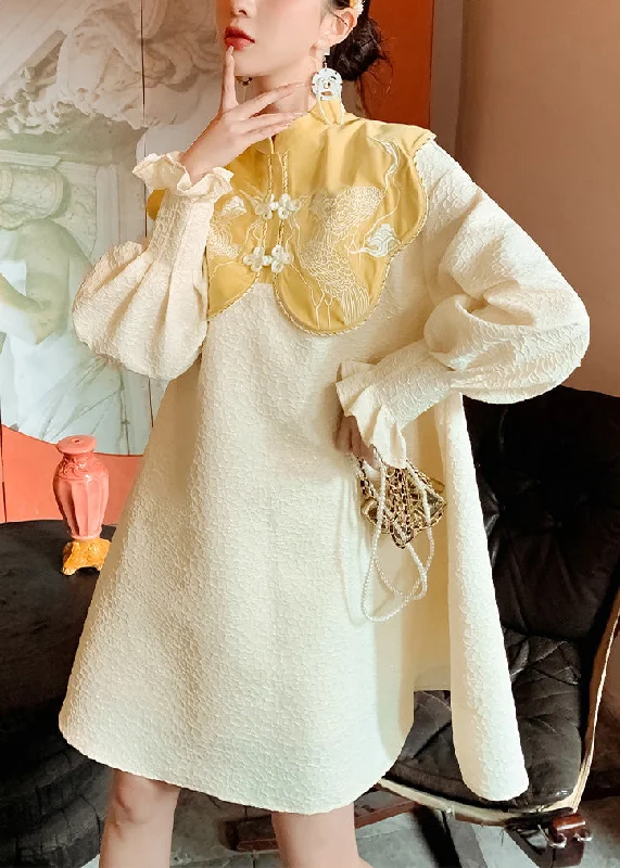 Chic And Trendy Chinese Style Yellow Stand Collar Embroideried Button Mid Dress Long Sleeve Chic And Trendy Chinese Style Yellow Stand Collar Embroideried Button Mid Dress Long Sleeve