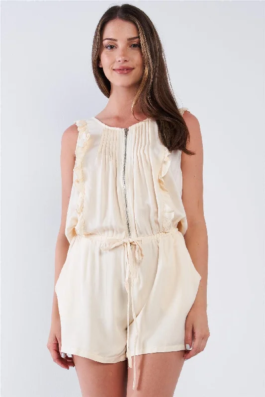 Discount Price Ivory Pleated Ruffle Hem Front Zipper Romper