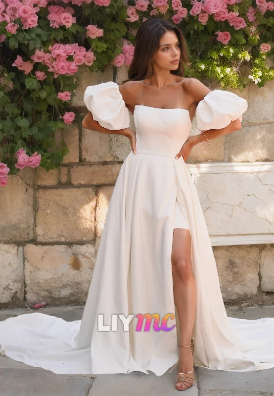 Timeless Women's Clothes Straight Across Puff Sleeves Removable Train Short Beach Wedding Dress