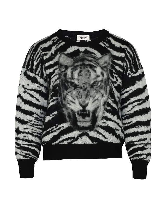 Women's Cozy Clothes Saint Laurent Tiger Intarsia Jumper in Black Mohair