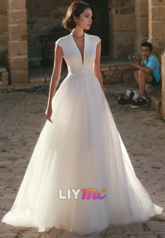 Stylish Outerwear Clothes For Women V-Neck Cap Sleeves Tulle A-Line Wedding Dress