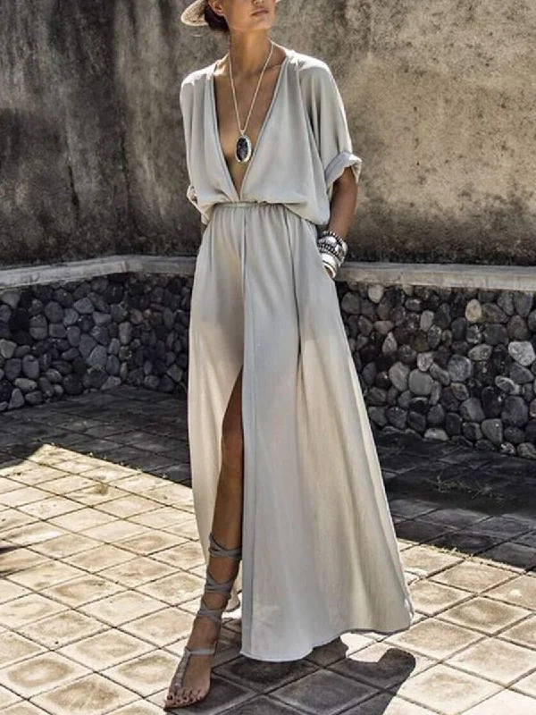 Stylish Clothes For Women Solid V-Neck Mid-Sleeve Slit Dress