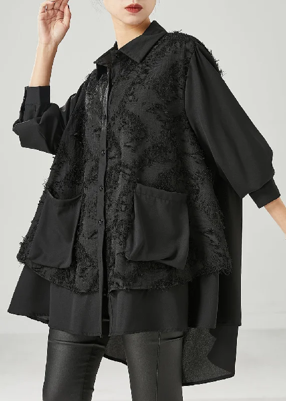 Charming Everyday Clothing For Women Women Black Asymmetrical Patchwork Cotton Shirt Dress Spring