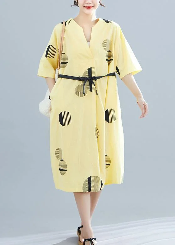 Women's Loungewear Clothes Unique yellow dotted cotton linen clothes For Women v neck half sleeve daily summer Dress