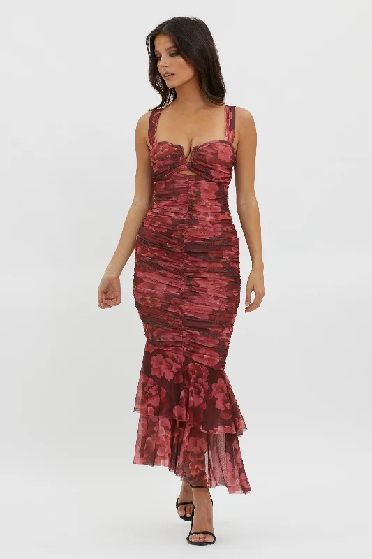Versatile Wardrobe Essentials Nadia Ruched Fishtail Midi Dress Floral Wine