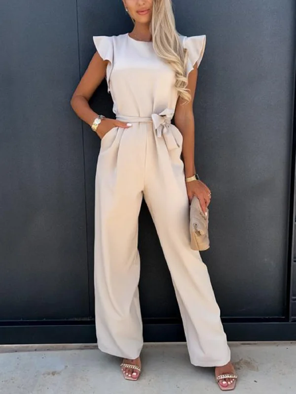 Fashionable Women's Clothing Ruffled Round Neck Cap Sleeve Jumpsuit