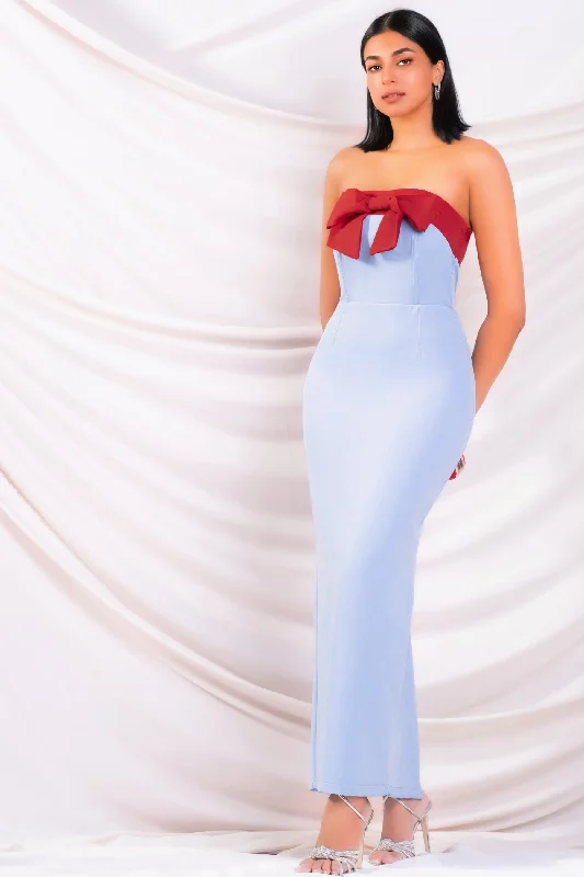 Luxury Women's Clothing Blue & Red Bow Maxi Dress