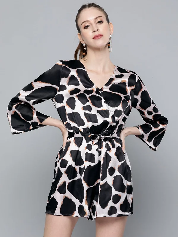 Stylish Women's Clothing Nude Animal Print Satin Romper