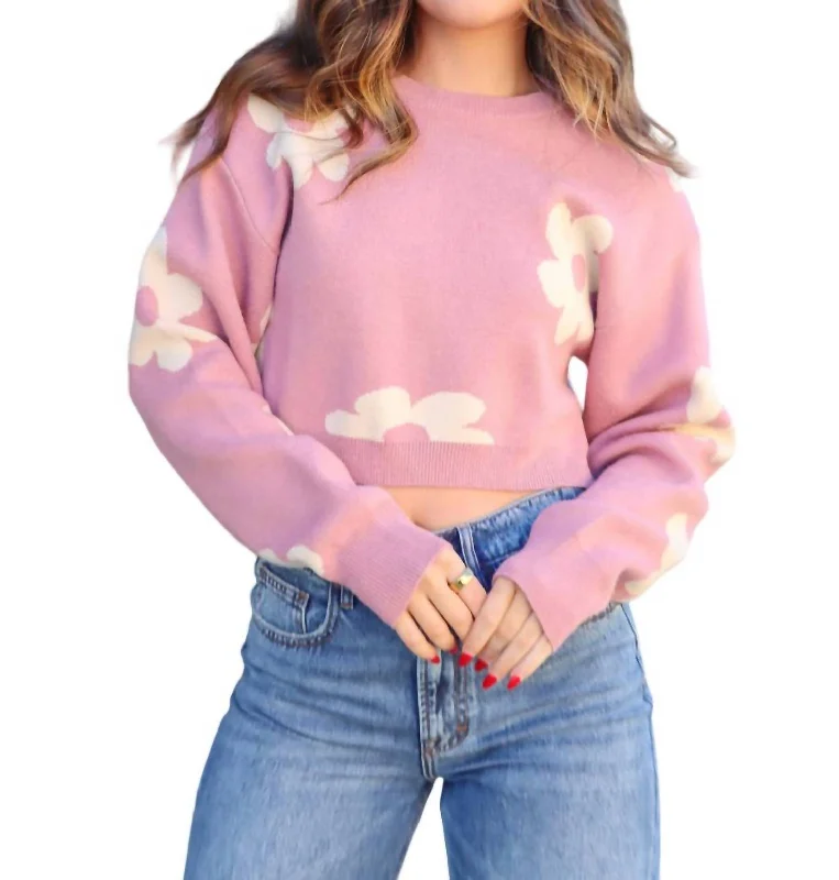 Women's Elegant Clothing Sets Picking Daisy Crop Sweater In Pink Cream