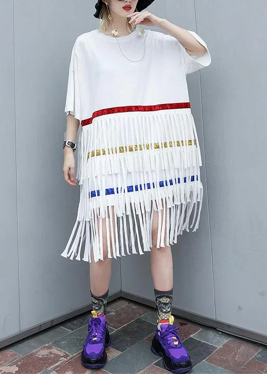 Comfortable Lounge Clothing 100% white Cotton clothes layered tassel shift summer Dresses