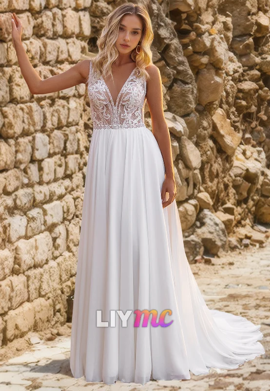 Women's Relaxed Clothes V-Neck Sleeveless Appliques A-LIne Beach Wedding Dress