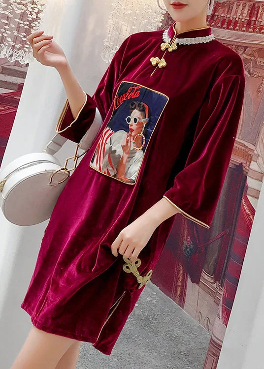 All Season Fashion Collection Retro Red Stand Collar Print Side Open Velour Mid Dress Spring All Season Fashion Collection Retro Red Stand Collar Print Side Open Velour Mid Dress Spring