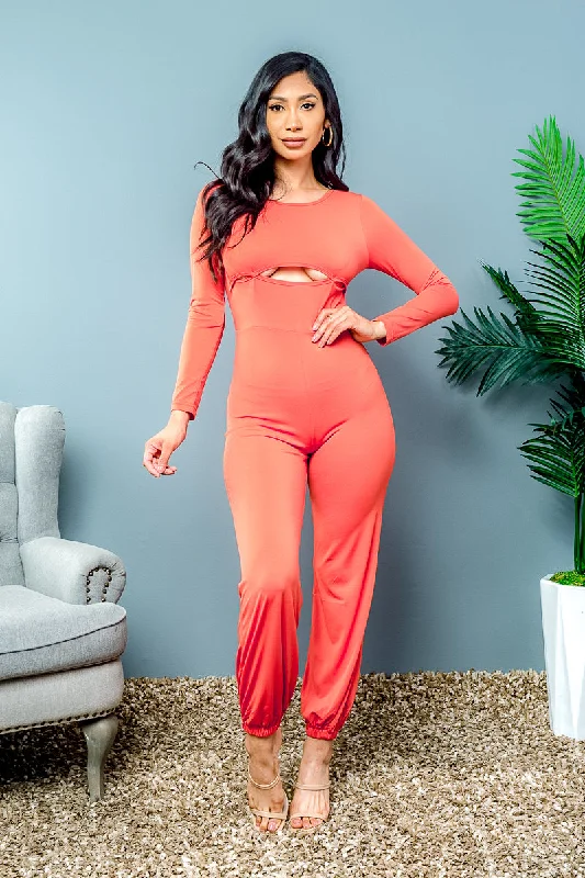 All Season Fashion Collection Jewel Neck Long Sleeve Jumpsuit with Peek-a-boo Midriff (FL20E308) All Season Fashion Collection Jewel Neck Long Sleeve Jumpsuit with Peek-a-boo Midriff (FL20E308)