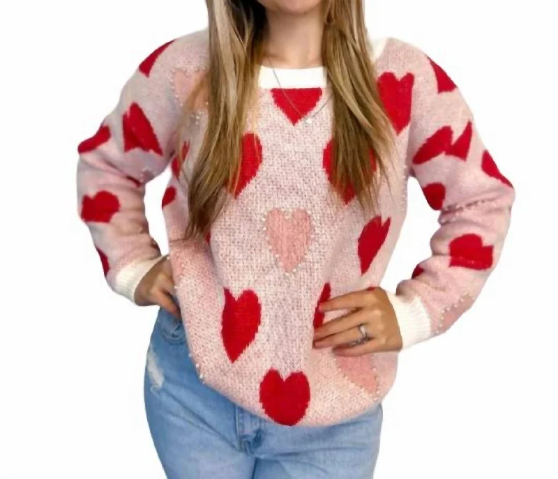 Women's Clothing For Holiday Travel Betty Heart Pearl Sweater In Pink