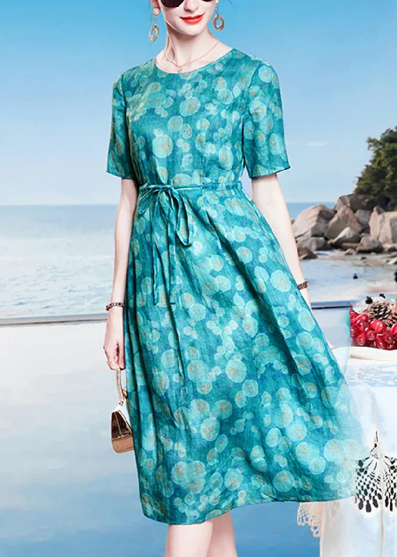 Elegant Clothing For Women Loose Peacock Blue O-Neck Dot Print Drawstring Linen Long Dresses Short Sleeve