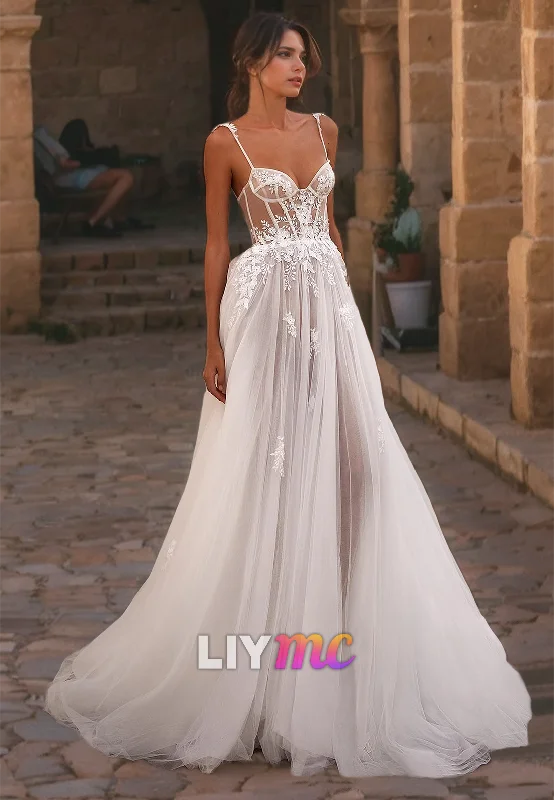 Women's Clothes For Work Sweetheart Sleeveless Appliques Tulle Sheer A-Line Beach Wedding Dress