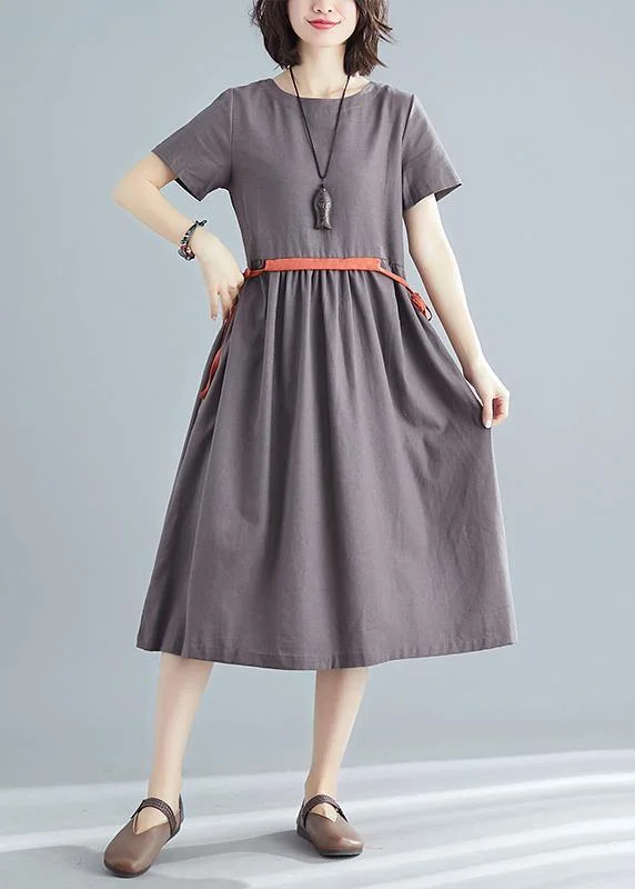 Women's Transitional Clothes Organic brown linen quilting dresses o neck tie waist summer Dress