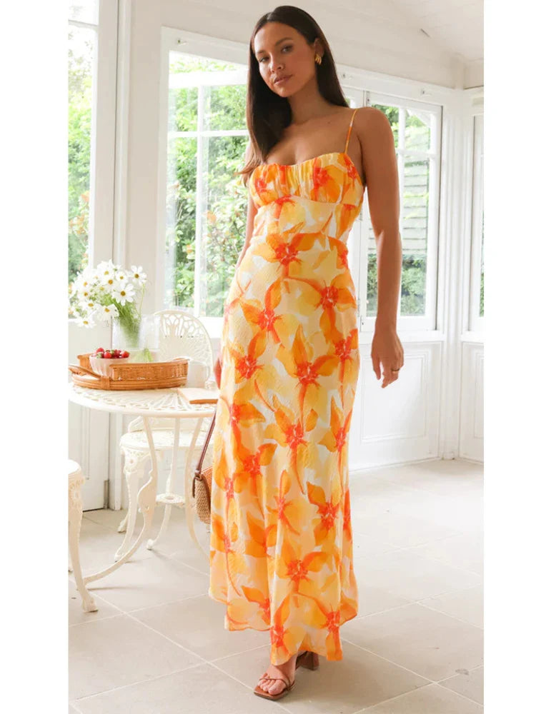 Affordable Trendy Clothes For Women Sweet A-line Women Elegant Summer Floral Print Midi Long Backless Maxi Dress