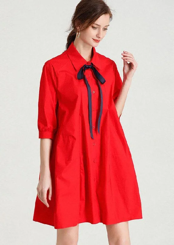 Women's Relaxed Clothes French Red elegant slim fit Summer Cotton Half Sleeve Party Dress