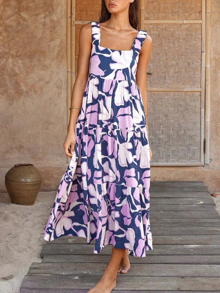 Women's Holiday Clothing Pleated Beach for Women Holiday Strap A- Line Floral Printed Long Maxi Dress