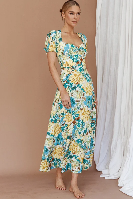 Fashion Forward Femininity Montebello Puff Sleeve Maxi Dress Floral Blue/Yellow