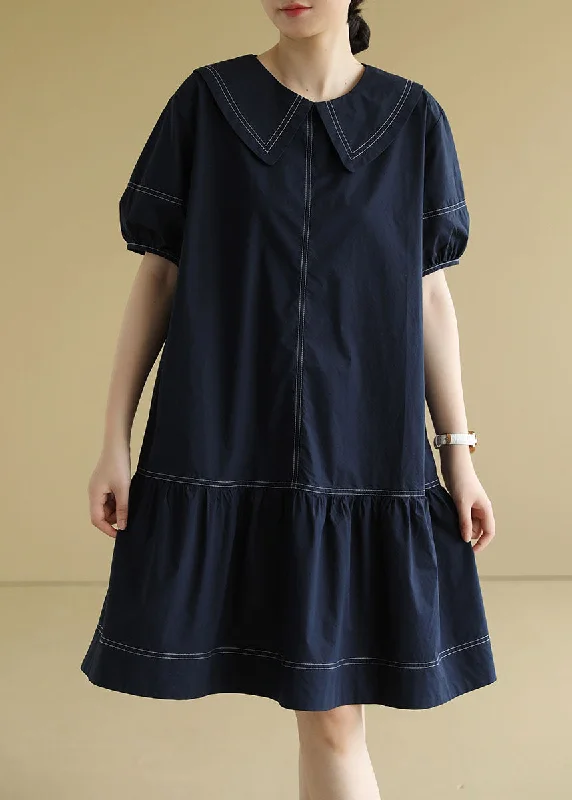 Women's High-Fashion Clothes Plus Size Navy Peter Pan Collar Patchwork Cotton Mid Dress Short Sleeve