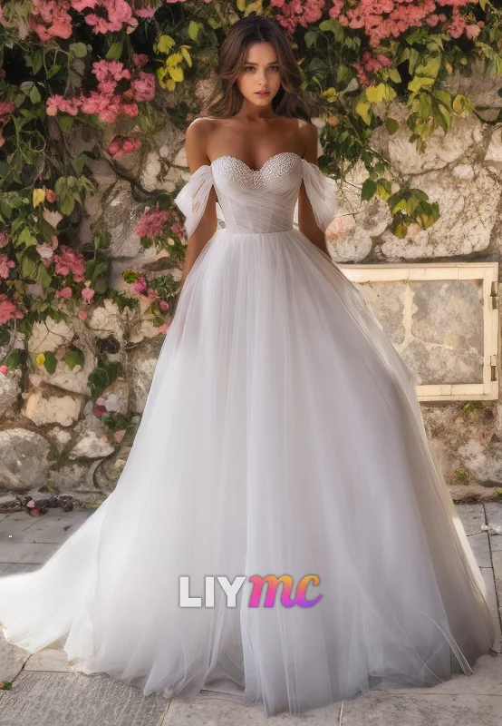 Women's Casual Wear Clothing Off-Shoulder Strapless Tulle Beaded A-Line Wedding Dress