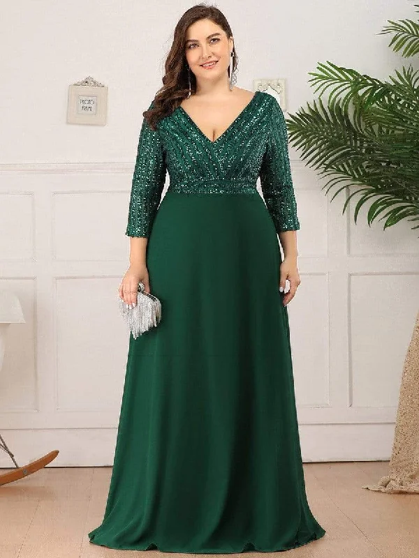 Women's Elegant Clothing Sets Plus Size Sexy V Neck A-Line Sequin Evening Dress with Sleeve