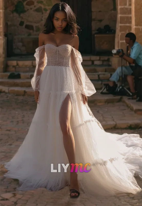 Sustainable Fashion Clothing For Women Off-Shoulder Long Sleeves Tulle A-Line Beach Wedding Dress