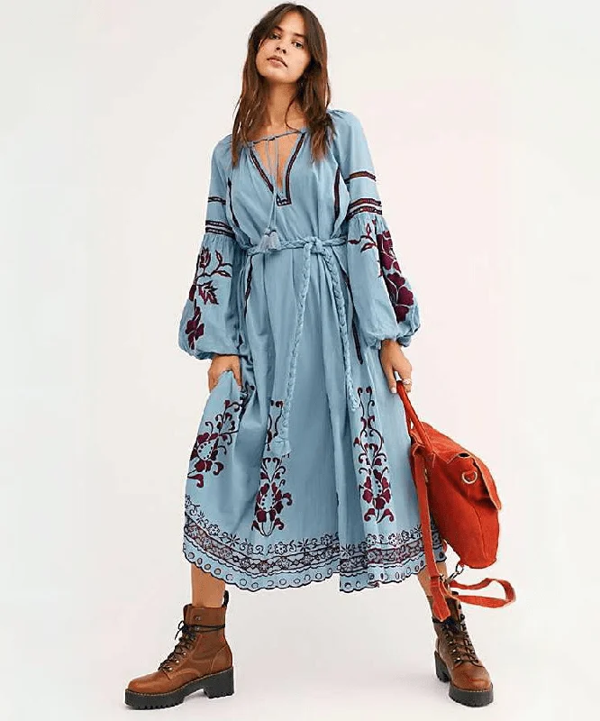 Luxury Women's Clothes Boho Chic Blue & Red Embroidered Dress