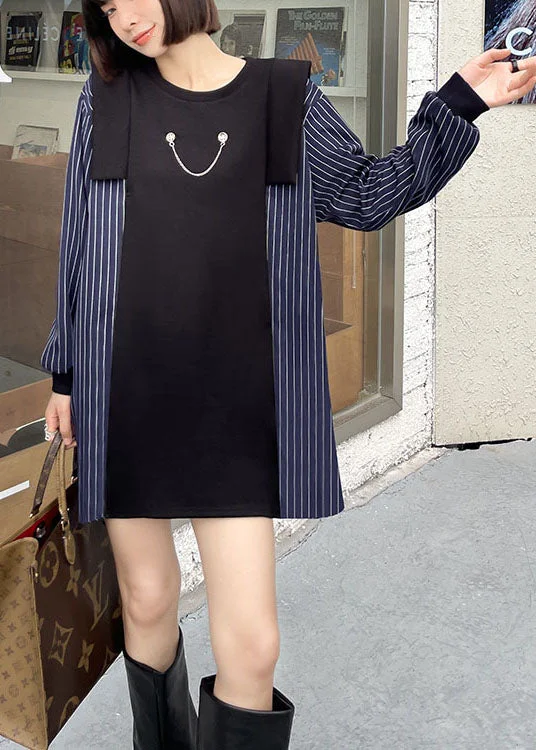 Women's Evening Clothes Fitted Blue O-Neck Patchwork Striped Fall Dress Long sleeve