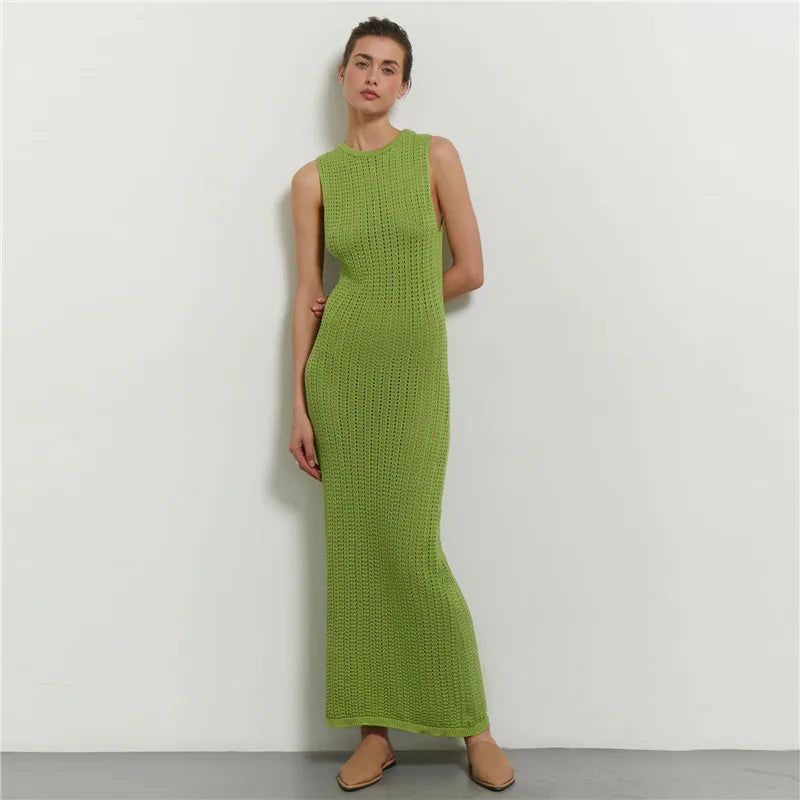 Women's Clothing For Special Occasions Green Knitted Summer Sexy Hollow Out Sleeveless Maxi Dress